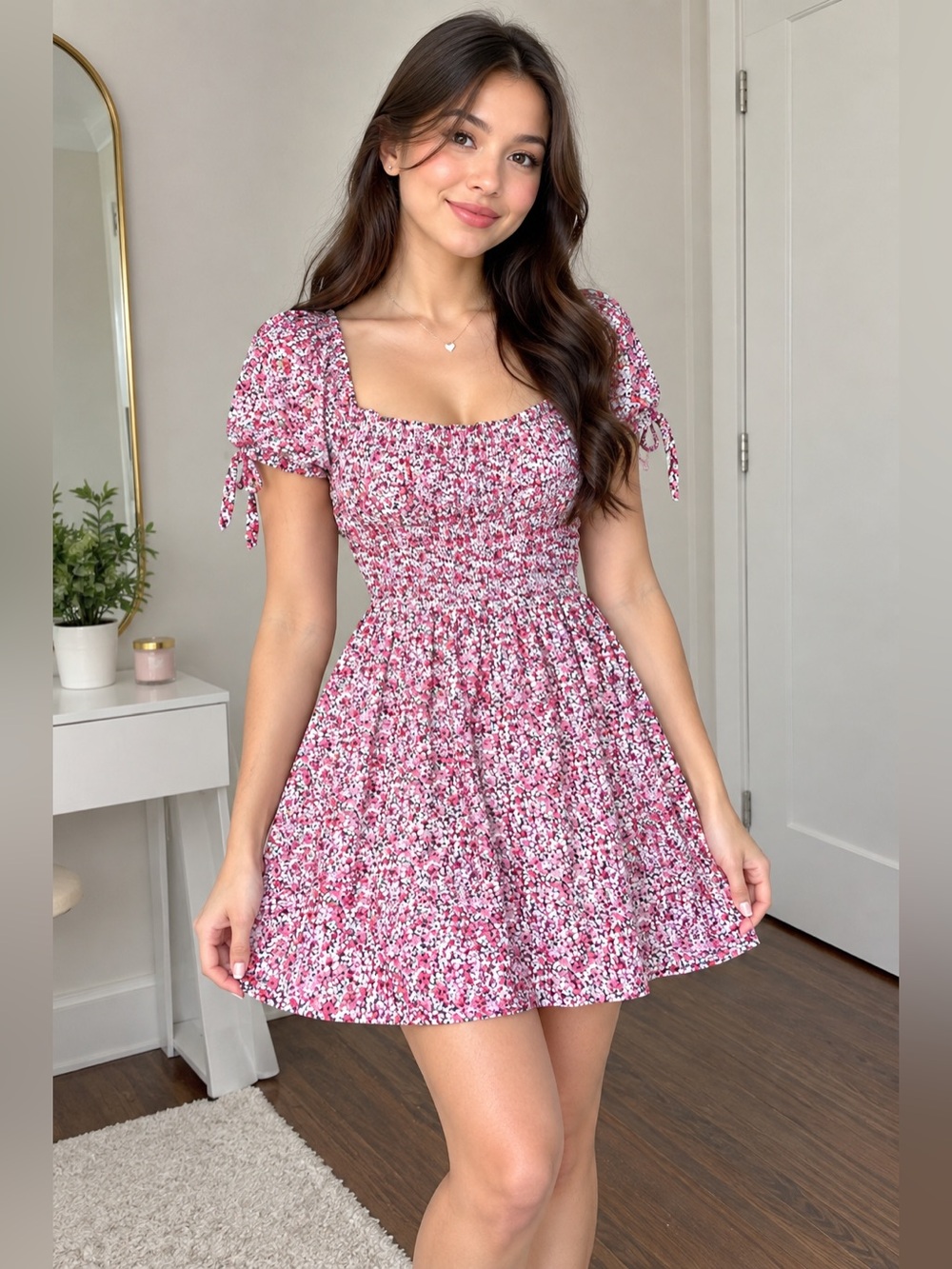 American Eagle Outfitters Pink Floral Smocked Mini Dress
